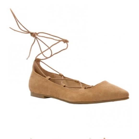 Chinese Laundry ballet flats lace up faux microsuede camel tan brown 10 - Picture 2 of 9